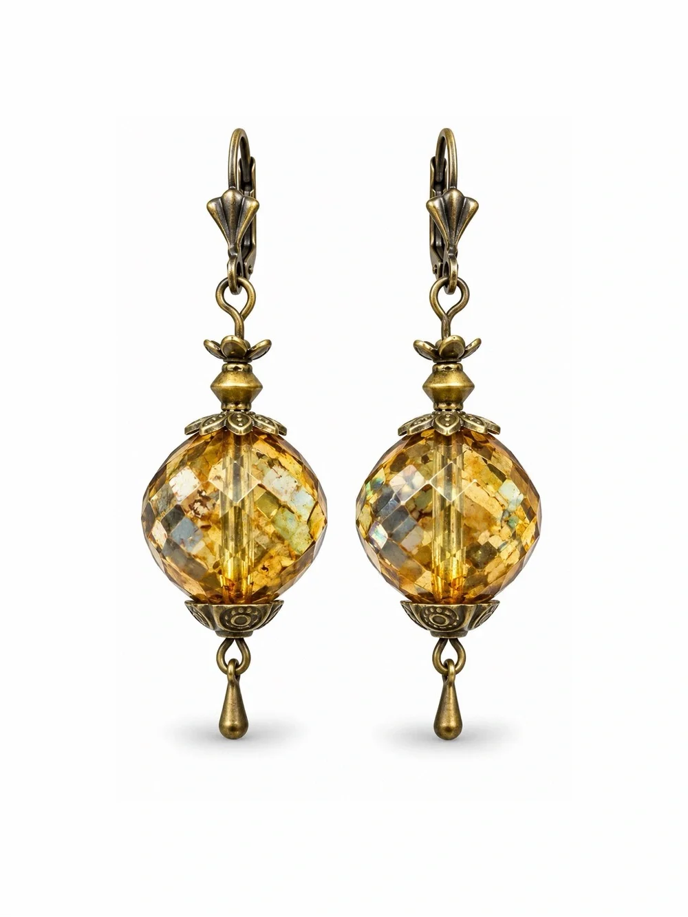 Czech Glass Amber Faceted Handmade Statement Earrings Antique Brass